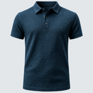 Camiseta de polo azul-teal em destaque