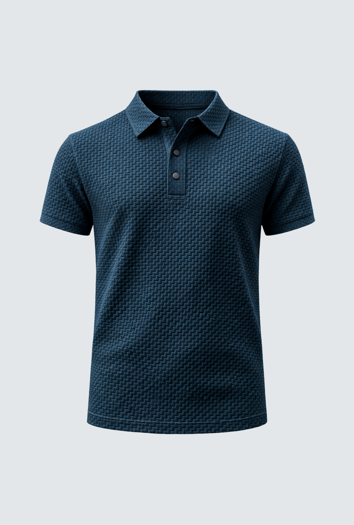 Camiseta de polo azul-teal em destaque